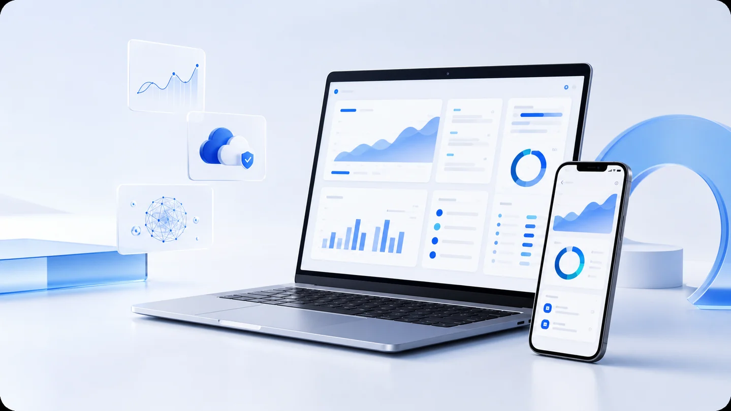 Laptop and smartphone presenting modern business software, analytics, cloud security and connected digital services